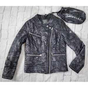 Guess Small Puffer Moto Jacket Coat Black Snake Skin Python Print Packable Y2K